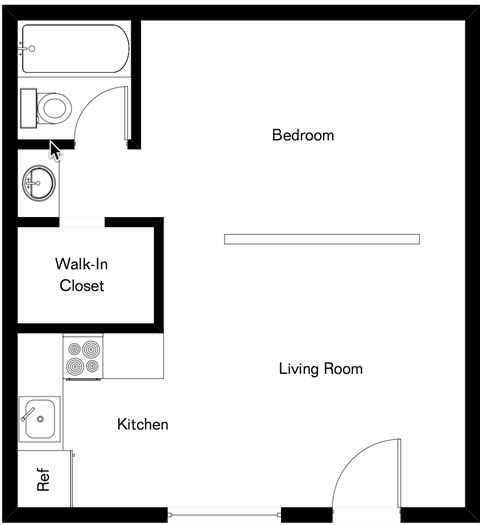 A floor plan of a small apartment with a bedroom, living room, kitchen, and a walk-in closet.